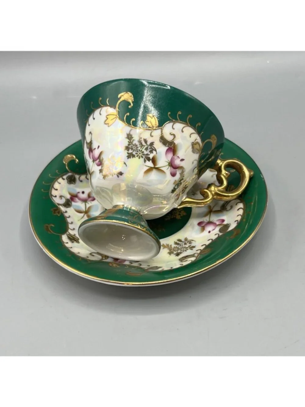 Vtg 50’s Lusterware Tea Cup Saucer Green Gold Trim Masculine Royal Sealy Japan